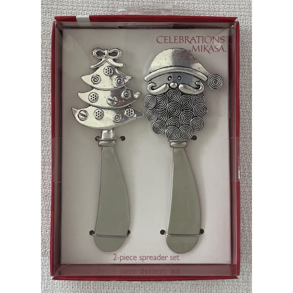 NEW IN BOX Mikasa 2 Pc Christmas Cheese/Dip Spreader Set Santa & Christmas Tree